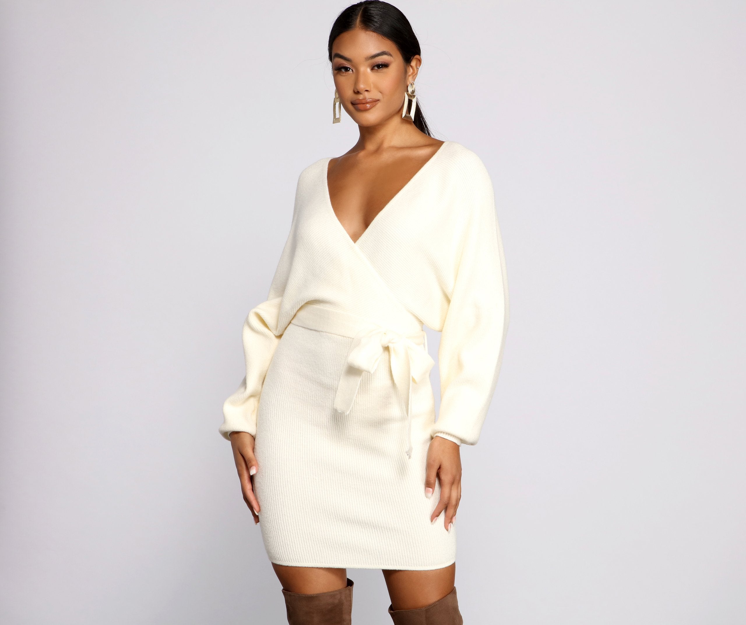 Tie Front Wrap Mini Sweater Dress ...